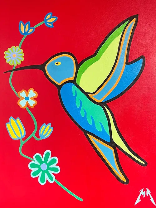 A abstract image of a abstract humming bird and floral patterns on a vibrant red background.