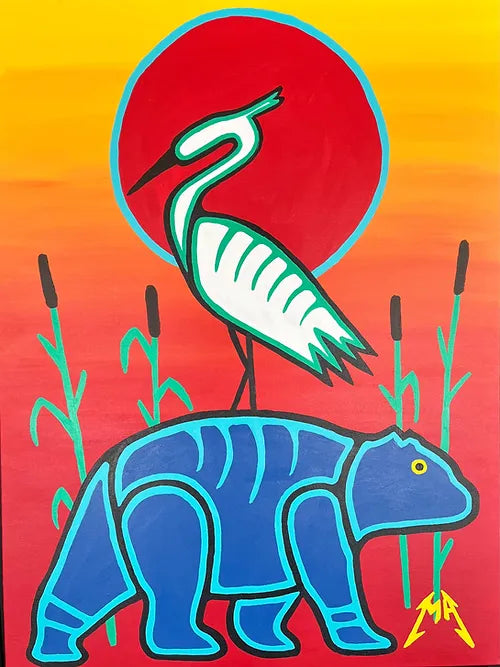 A vibrant painting featuring a stylized bear in blue with a heron on its back, set against a red and yellow background.