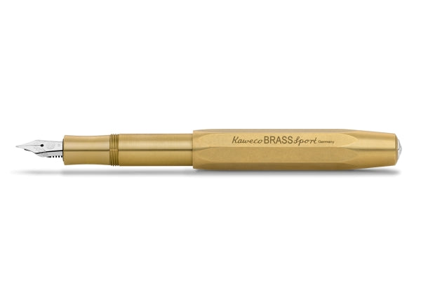 A brass fountain pen with a fine nib, closed, displaying the brand name 'Kaweco' on the side.