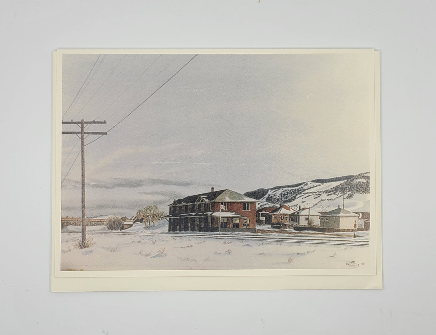 Winter scene with a house and telephone pole in a snowy landscape