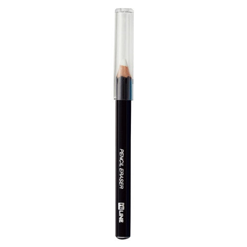 A small black up right eraser pencil with a plastic cap on a white background.