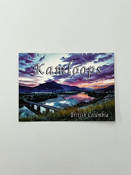 A postcard featuring a landscape with mountains and the text 'Kamloops B.C. Canada' printed on it.