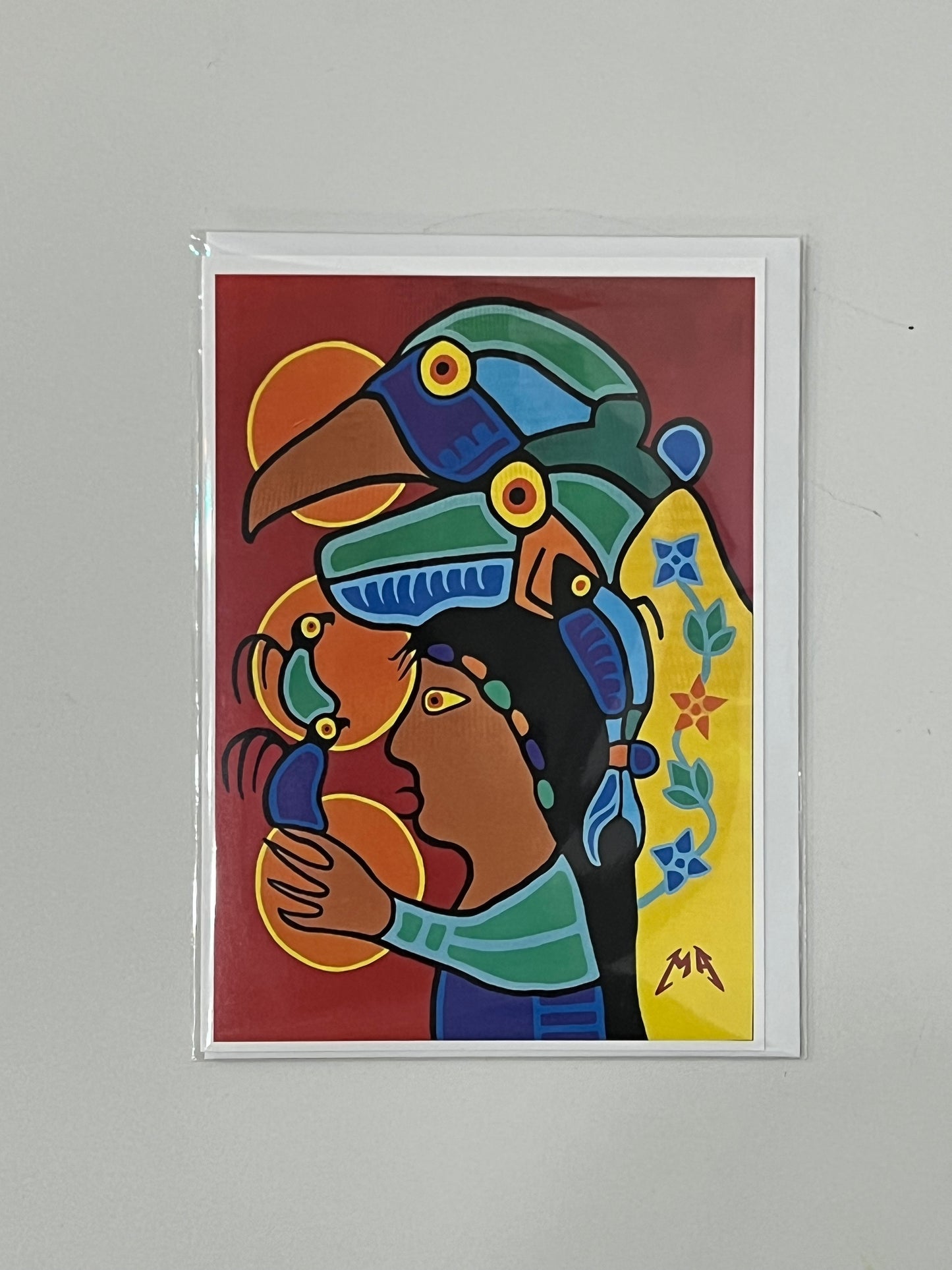 A colorful abstract picture of bird, bear and man with floral ascents on a white background.