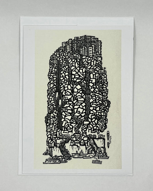 A black and white picture of a city cluttered with buildings on a white background.