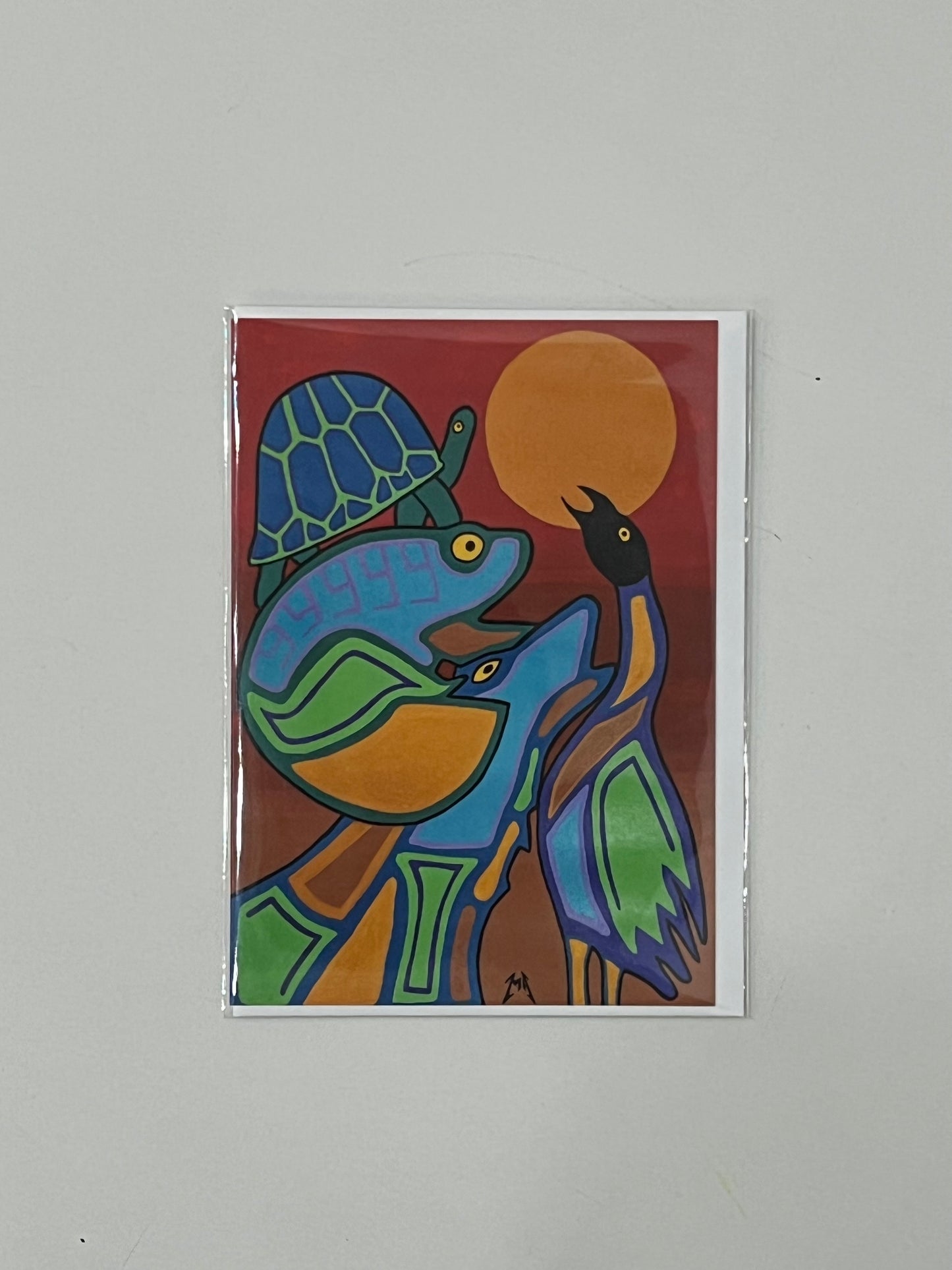 A colorful abstract picture of a pile of animals including a bird, turtle and bear looking at the sun on a white background.