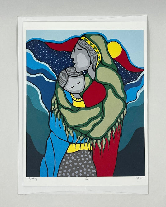 A colorful abstract picture of a woman holding a girl surrounded by mountains on a white background.