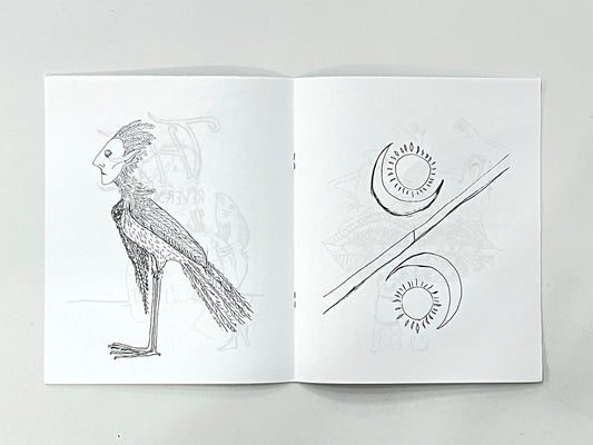 A open book with drawings depicting a bird-like-man creature and two crescent moons with suns in the middle on a white background.