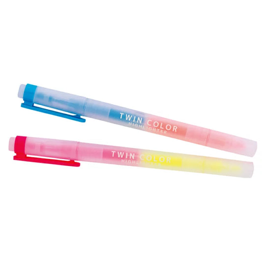 Two double sided Highlighters the colors of blue and orange as well as pink and yellow on a white background.
