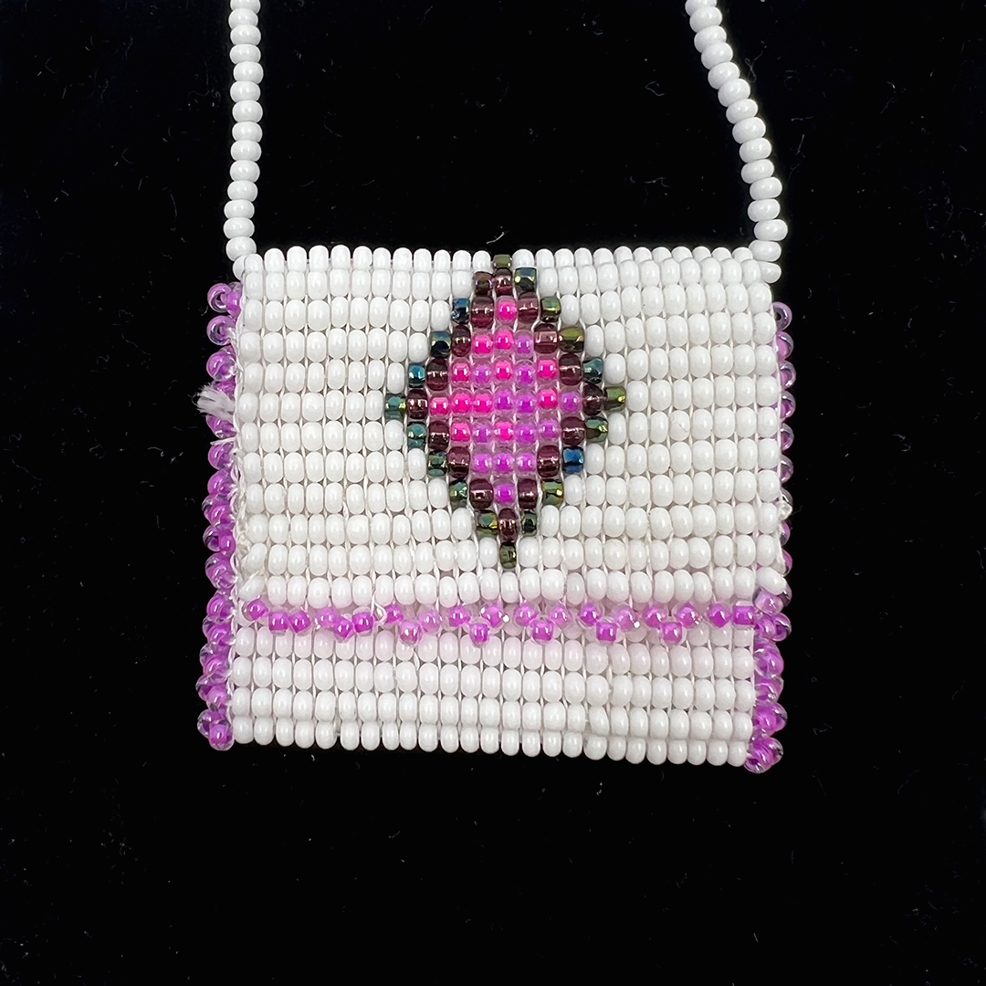 PURPLE + WHITE BEADED POUCH NECKLACE