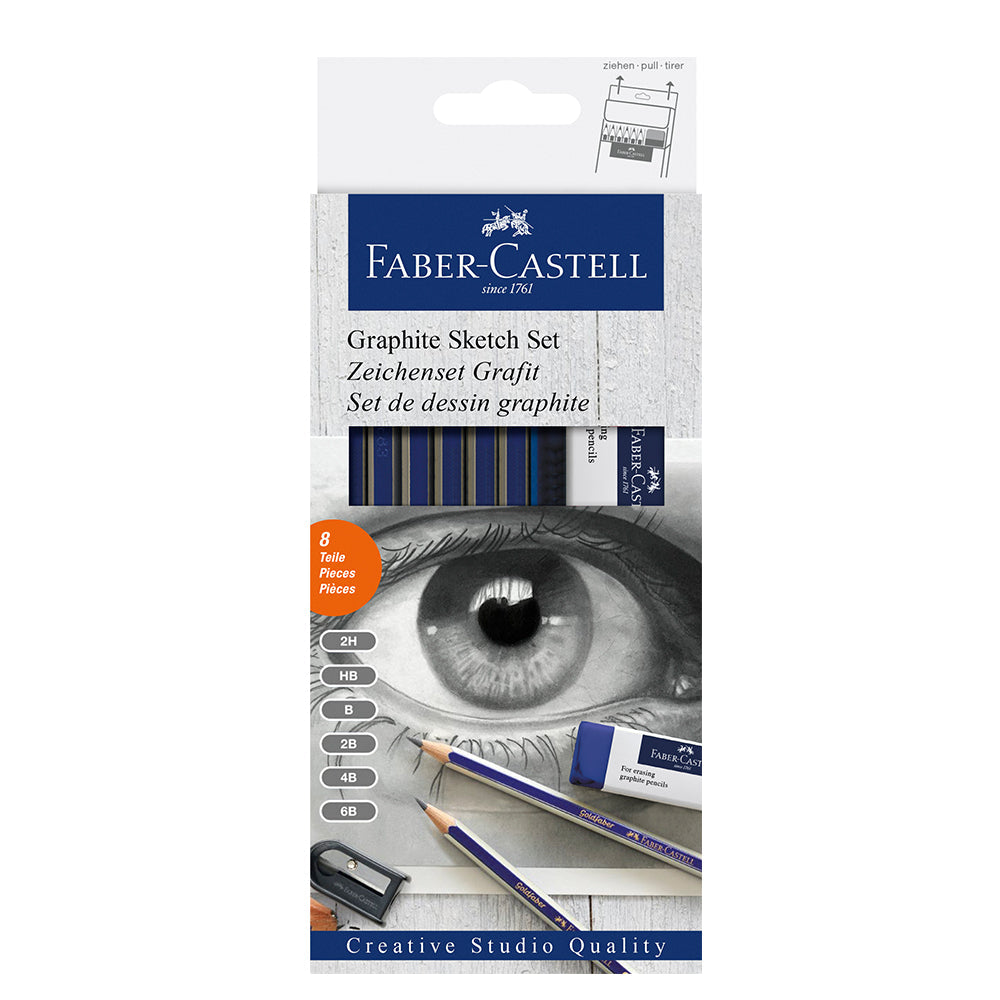 Faber-Castell graphite sketch set packaging with an eye illustration on a white background