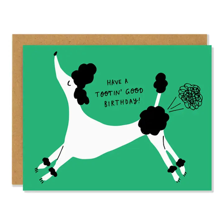 Birthday card with a poodle illustration and text on a green background