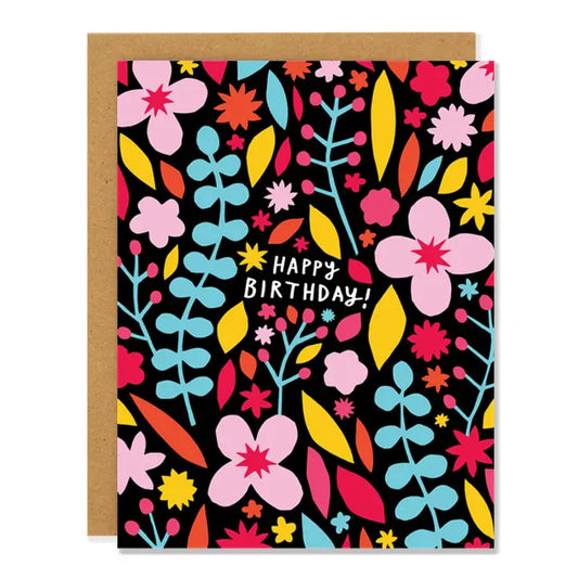 Colorful floral birthday card with 'Happy Birthday!' text on a black background