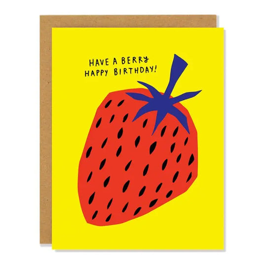 Birthday card with a strawberry illustration and text on a yellow background