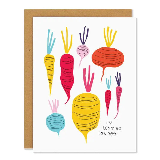 Greeting card with colorful radish illustrations and 'I'm rooting for you' text on a white background.