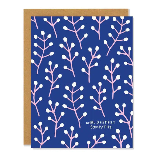 Greeting card with pink and white branch pattern on a blue background, featuring 'With Deepest Sympathy' text.
