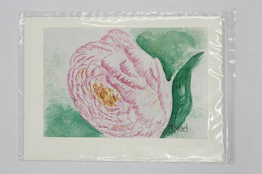 Card with a pink flower illustration on a white background