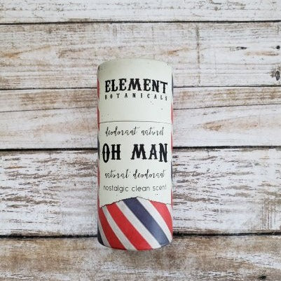 A red and blue tube of deodorant named 'Oh Man'.