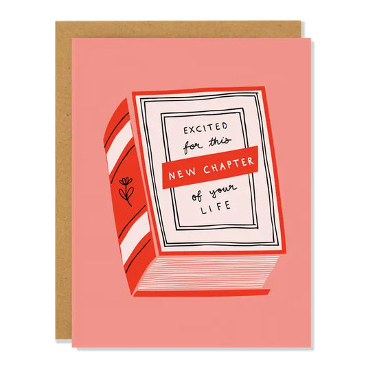 Greeting card with book illustration and text "Excited for this new chapter of your life" on a pink background