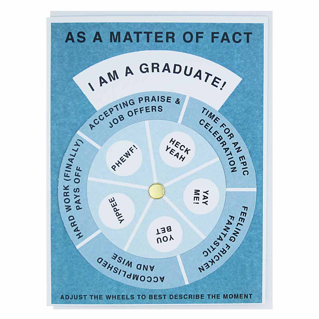Graduation-themed wheel with text on a blue background