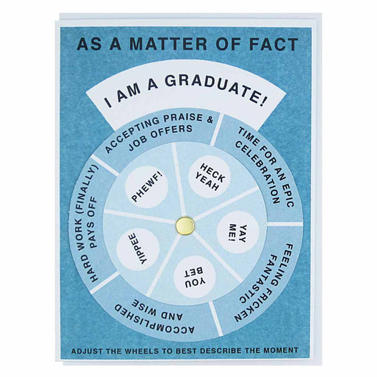Graduation-themed wheel with text on a blue background
