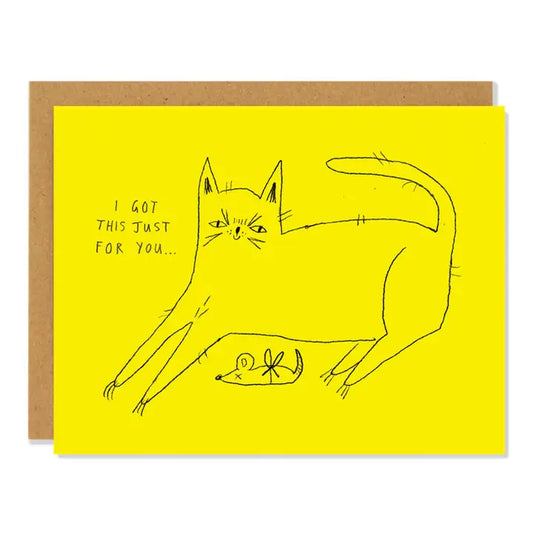 Greeting card with a cat illustration and text on a yellow background