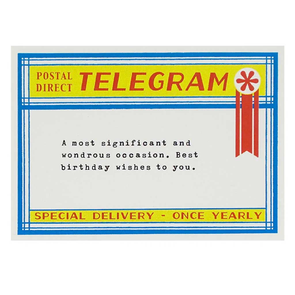 Vintage-style telegram card with birthday message and decorative elements.
