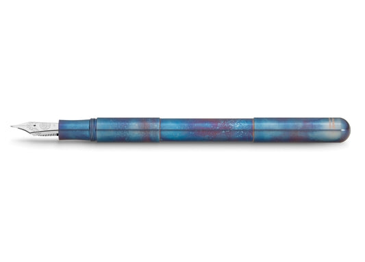 A blue and silver Kaweco Supra fountain pen with a stainless steel nib.