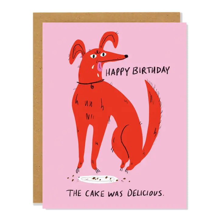 Birthday card with a red dog that ate a cake illustration and text "Happy birthday, the cake was delicious." on a pink background