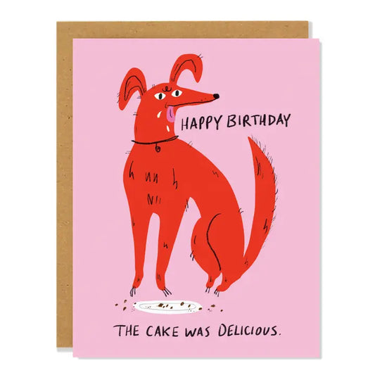 Birthday card with a red dog that ate a cake illustration and text "Happy birthday, the cake was delicious." on a pink background