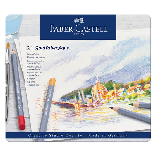 Faber-Castell Goldfaber Aqua watercolor pencils set with a scenic illustration on the packaging.