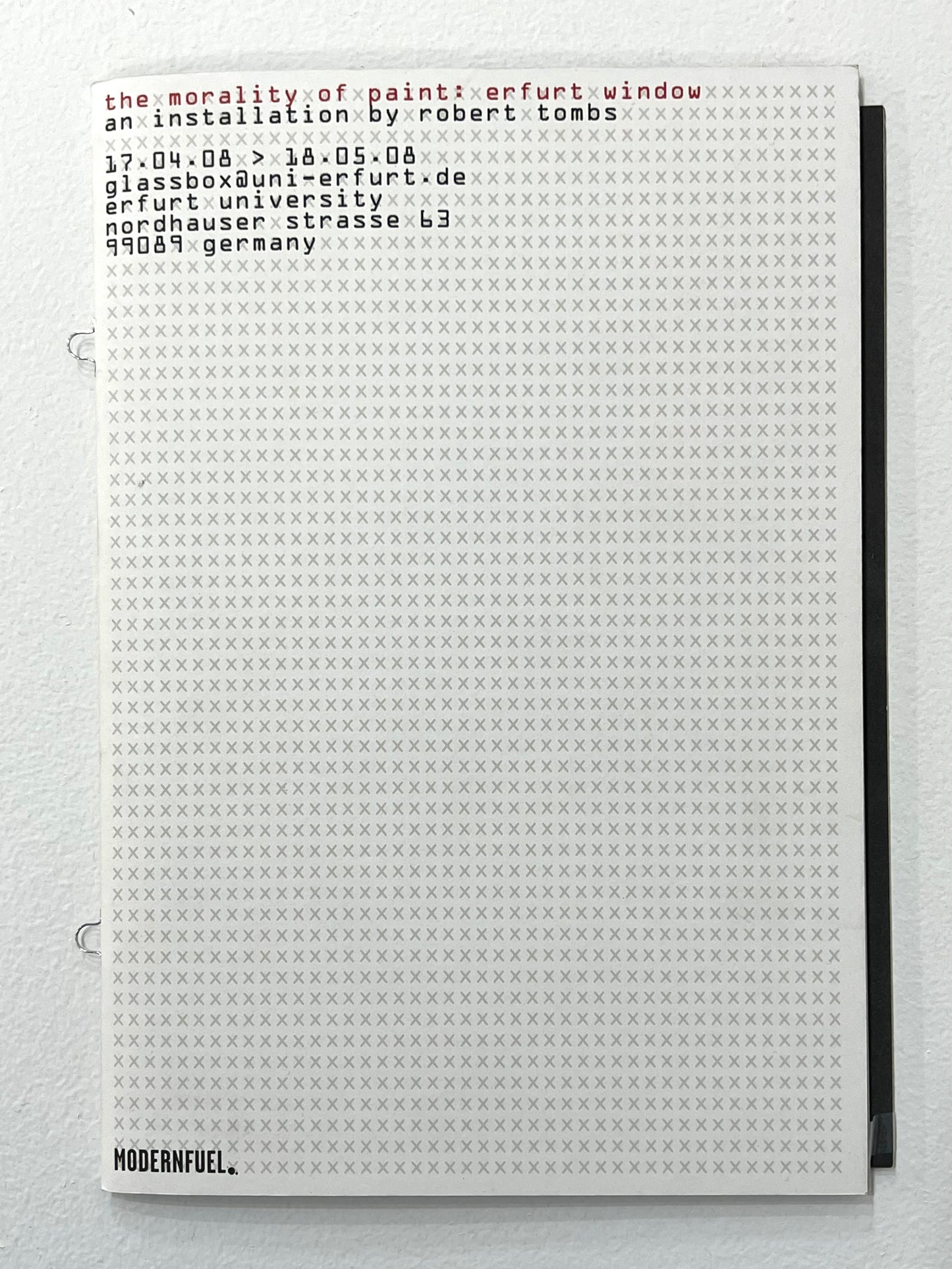 A cover image of a art catalogue titled 'THE MORALITY OF PAINT', featuring a white background with text detailing the title and an installation by Robert Tons.