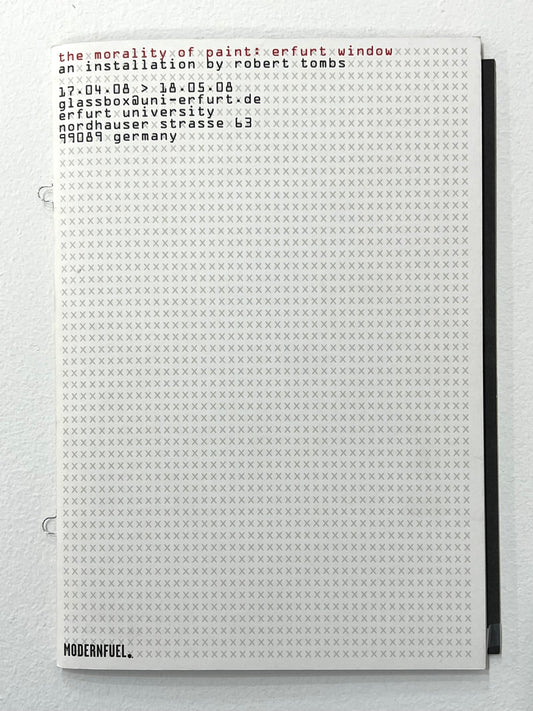 A cover image of a art catalogue titled 'THE MORALITY OF PAINT', featuring a white background with text detailing the title and an installation by Robert Tons.