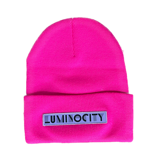 Pink beanie with 'Luminocity' logo on a white background