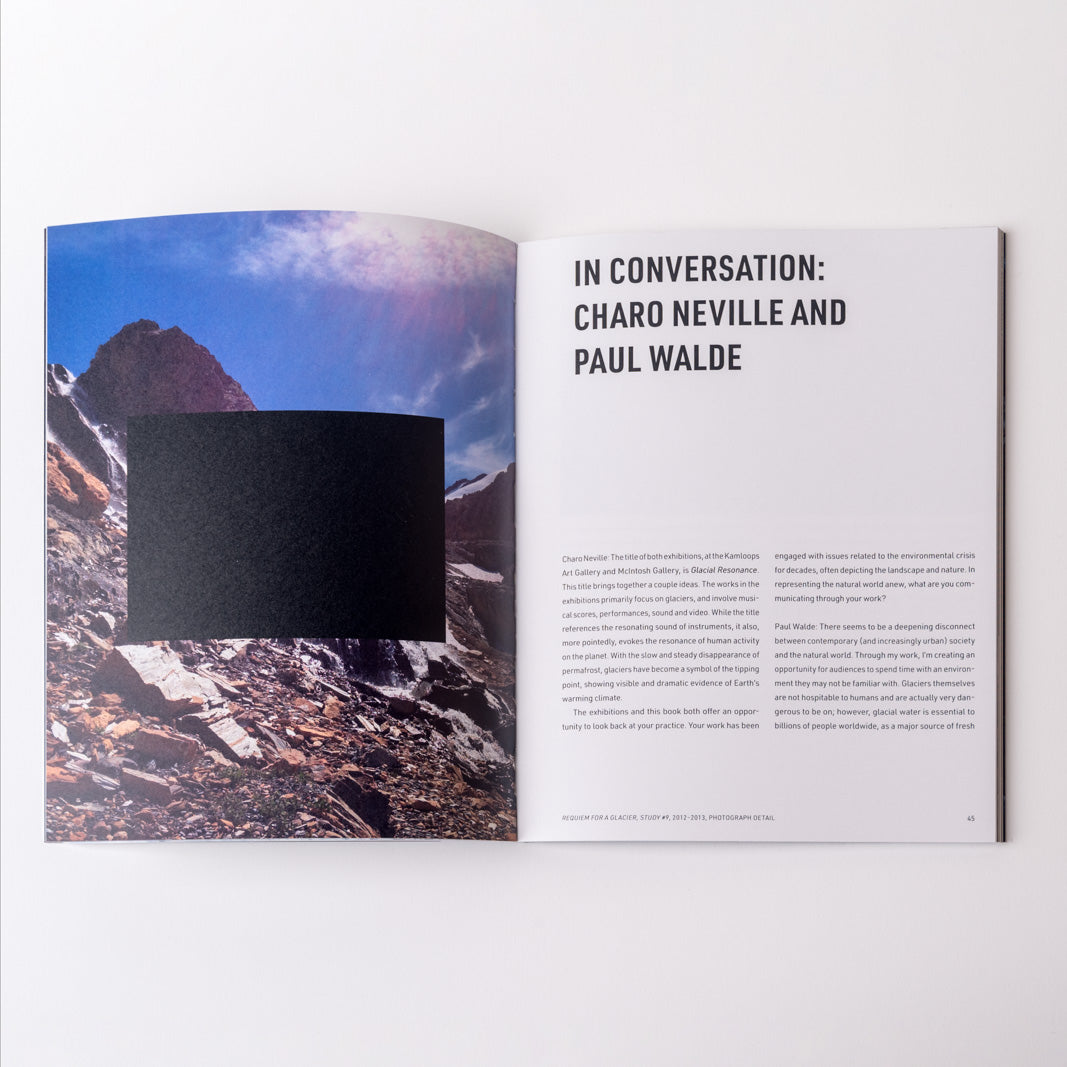 Open book with mountain landscape on one page and text on the other, featuring Charo Neville and Paul Walde.