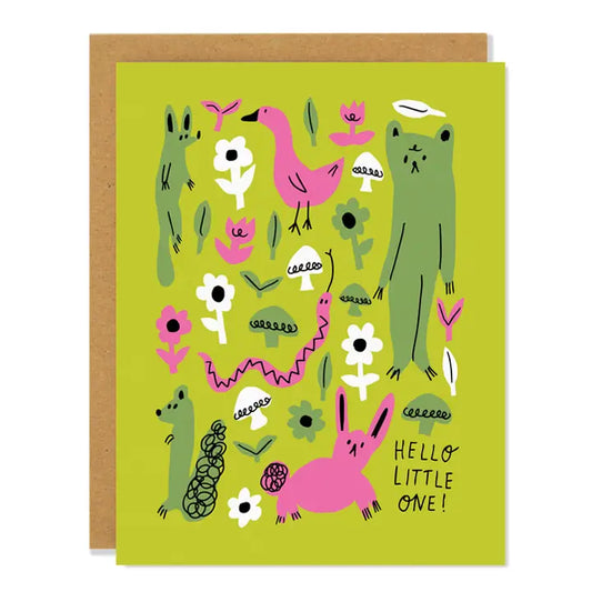 Greeting card with colorful animal illustrations and 'Hello Little One!' text on a green background.