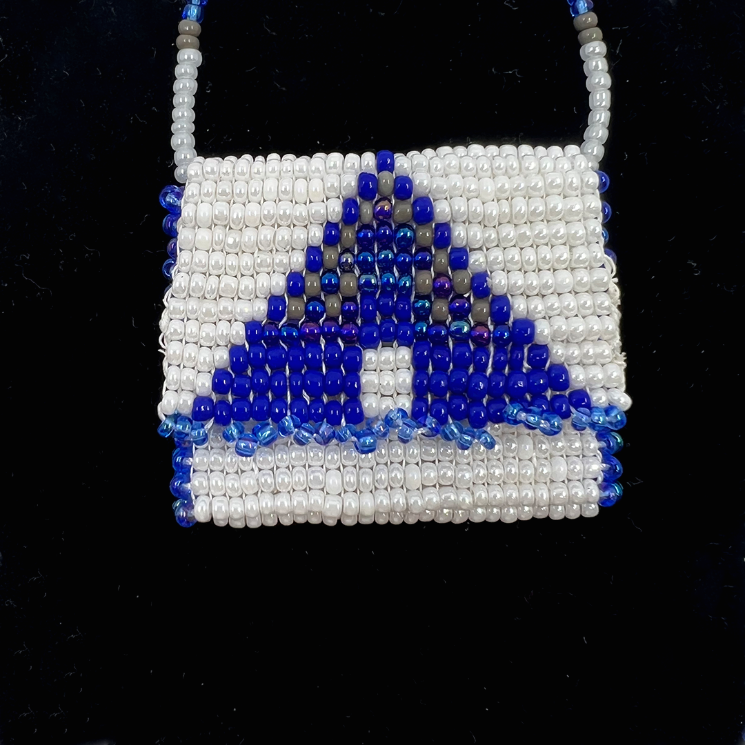 BLUE + WHITE BEADED POUCH NECKLACE