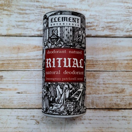 A tube of deodorant named 'Ritual' in a limited edition packaging featuring a black and white illustration.