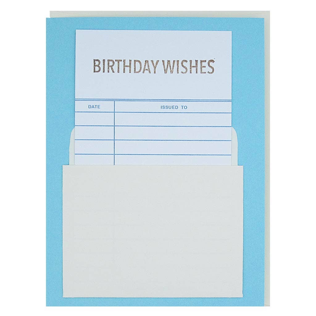 Blue birthday card with 'Birthday Wishes' text and a white envelope.