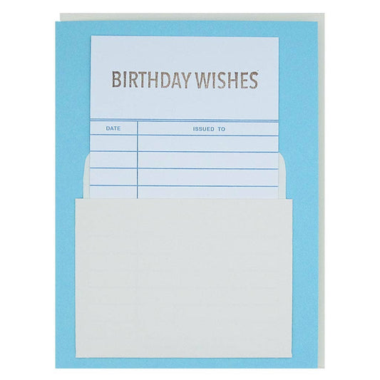Blue birthday card with 'Birthday Wishes' text and a white envelope.