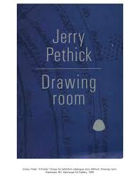 A dark blue designed book with the text "Jerry Pethick Drawing room" in the center on a white background. 