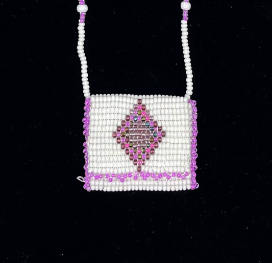 PURPLE + WHITE BEADED POUCH NECKLACE