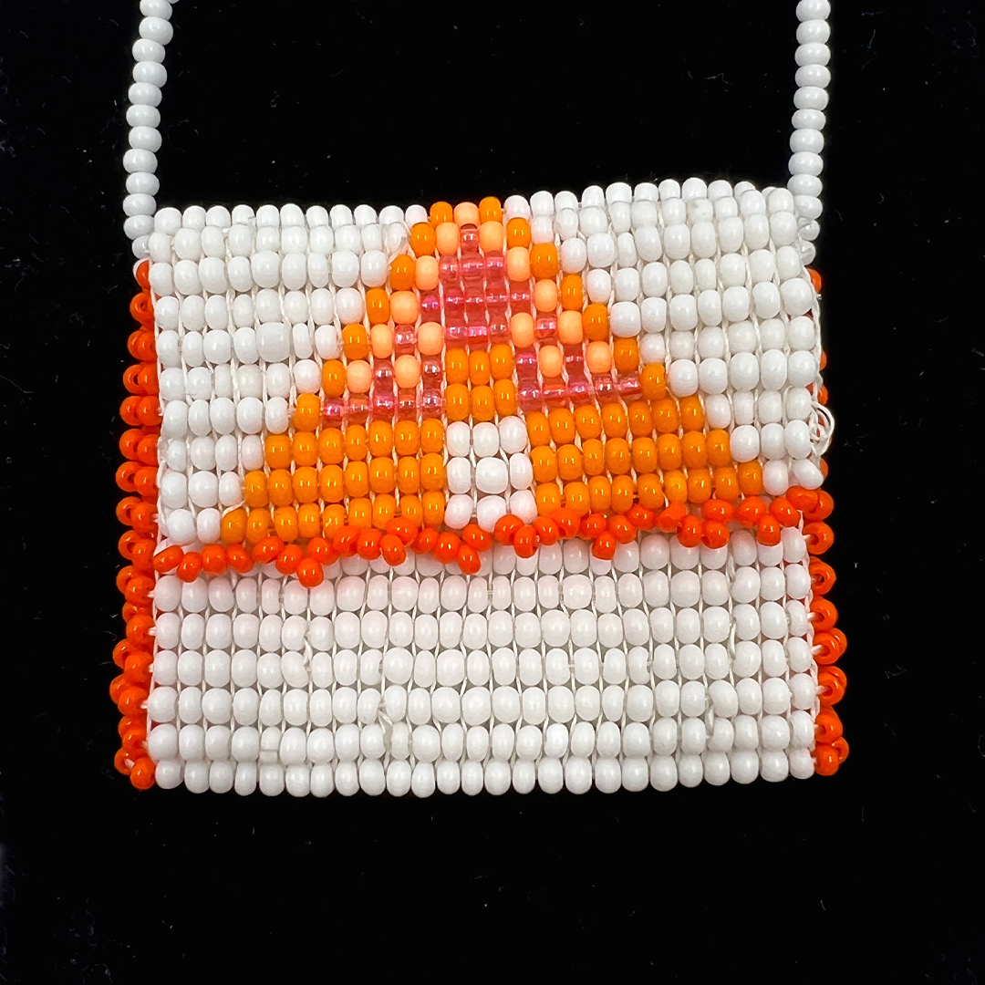 ORANGE + WHITE BEADED POUCH NECKLACE