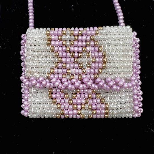 LILAC + GOLD + WHITE BEADED POUCH NECKLACE