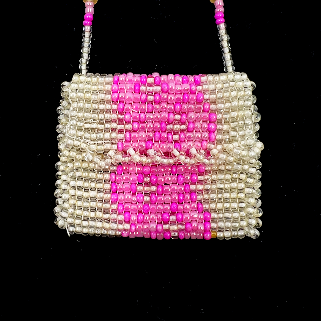 HOT PINK + PINK + WHITE BEADED POUCH NECKLACE