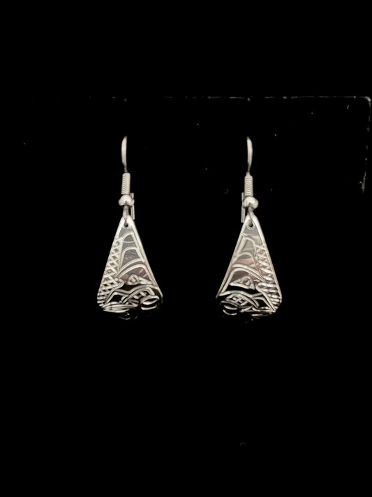 Pair of silver wolf earrings on a black background