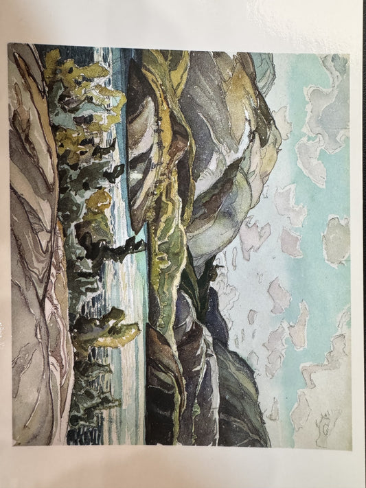 A postcard featuring a watercolor painting of a scenic view with rivers and mountains.