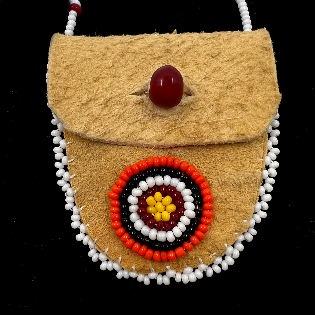 WHITE MEDICINE WHEEL BEADED POUCH NECKLACE