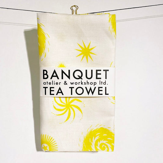 YELLOW AND WHITE FIREWORKS LINEN TEA TOWEL